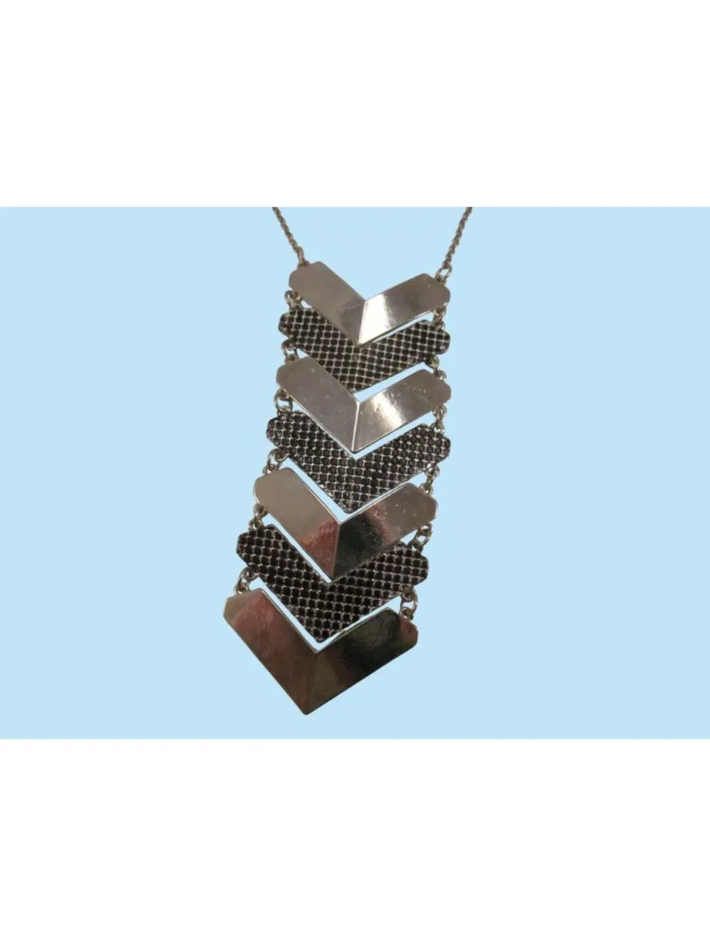 Chevron Statement Necklace with Silver Tone Metal Black Detail Adjustable Chain